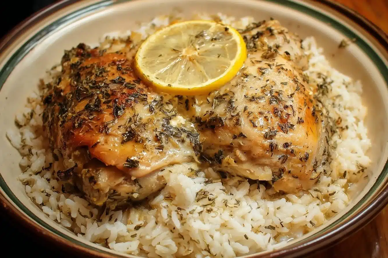 Slow cooker lemon herb chicken served with fluffy rice on a plate.