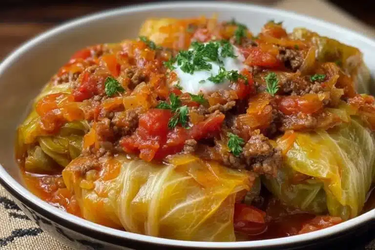 Delicious slow cooker unstuffed cabbage rolls served in a bowl