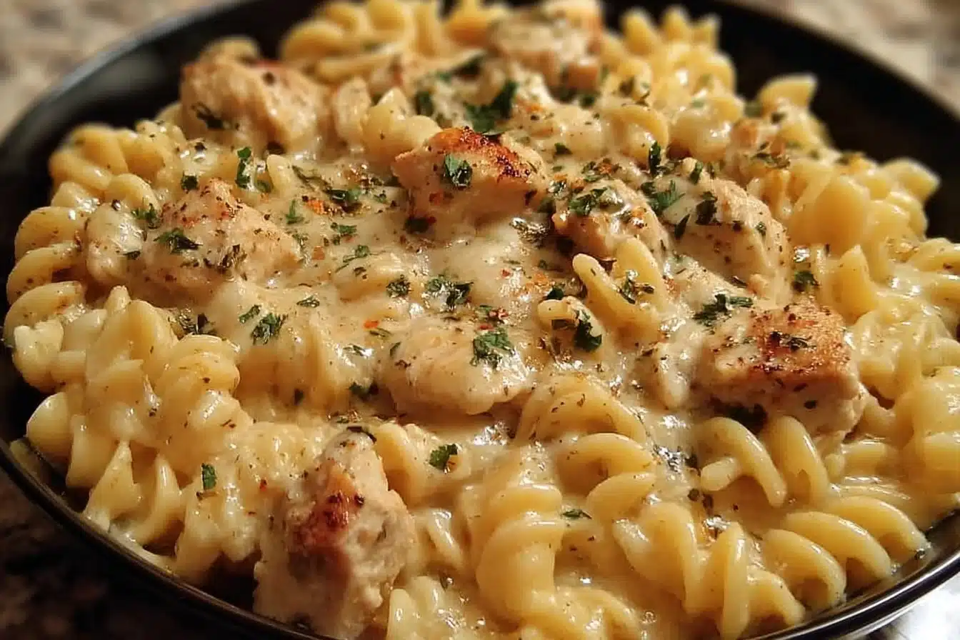 Creamy crockpot garlic parmesan chicken pasta served in a bowl