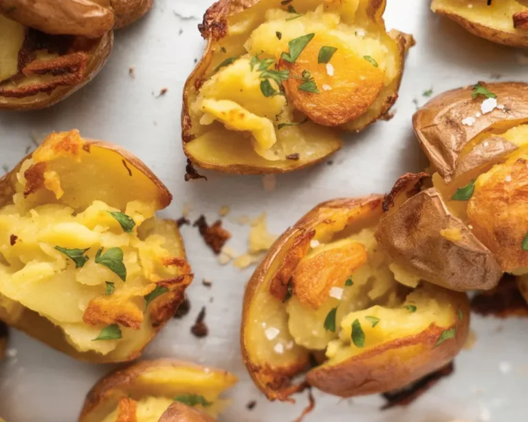 Crispy Smashed Potatoes with garlic and herbs, golden and crunchy on the outside.