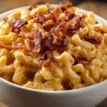 Delicious Bacon Mac & Cheese topped with crispy bacon bits