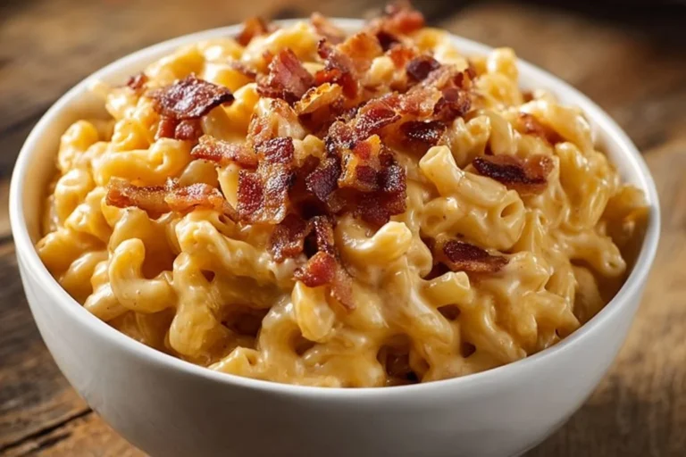 Delicious Bacon Mac & Cheese topped with crispy bacon bits