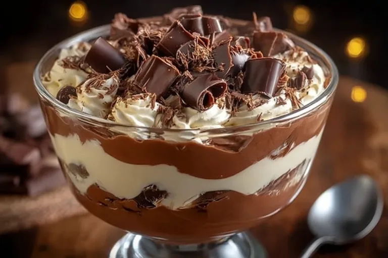 Delicious Baileys Chocolate Cheesecake Trifle dessert with chocolate layers.