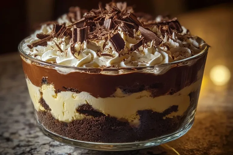 Baileys Chocolate Cheesecake Trifle dessert with layers of chocolate and creamy cheesecake.