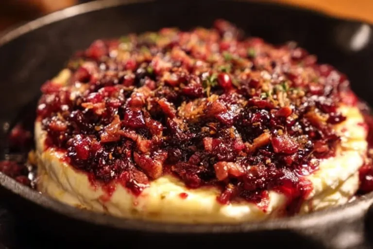 Delicious baked brie with jam and nuts, served warm and gooey