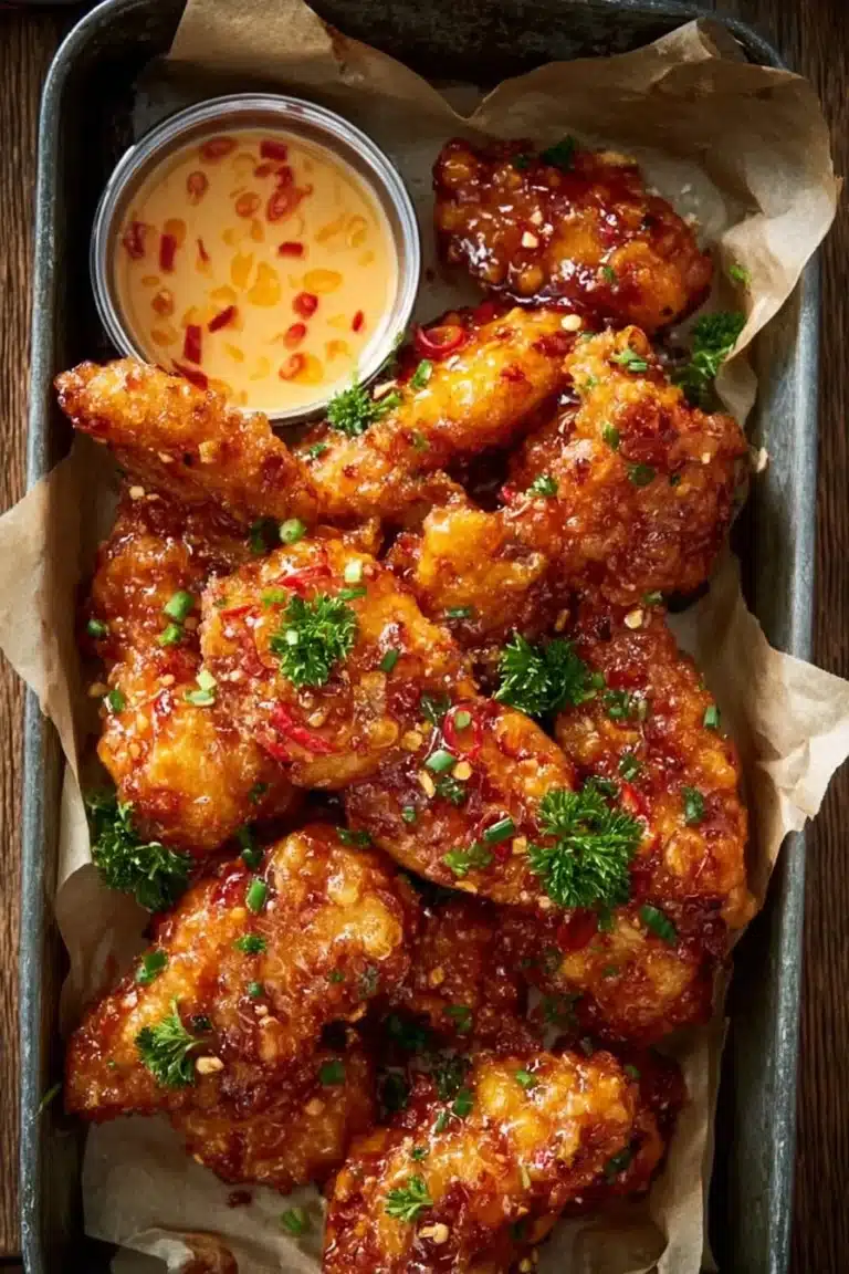 Plate of spicy Bang Bang Chicken garnished with green onions and sesame seeds