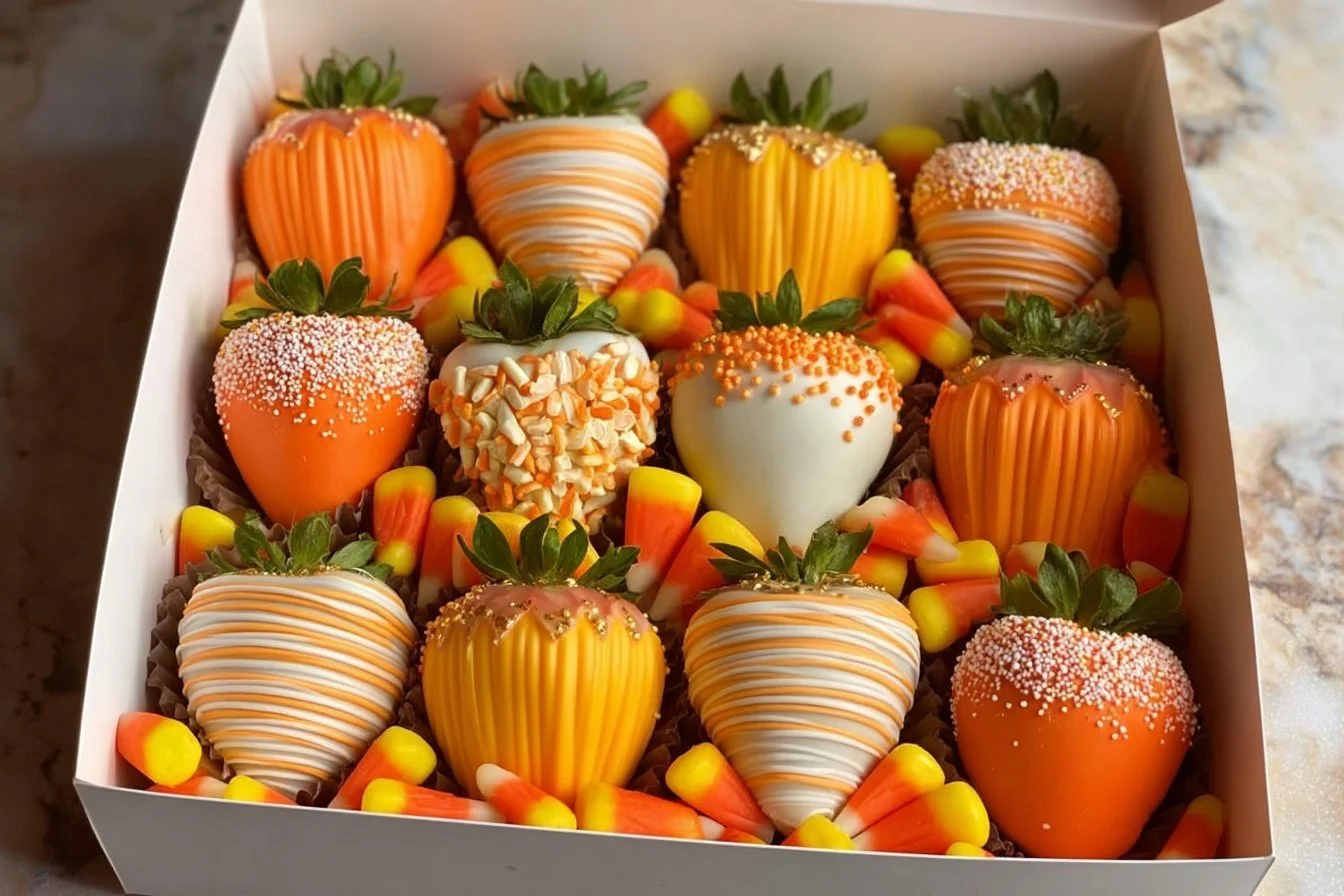 Halloween Candy Corn Strawberries decorated for festive celebrations