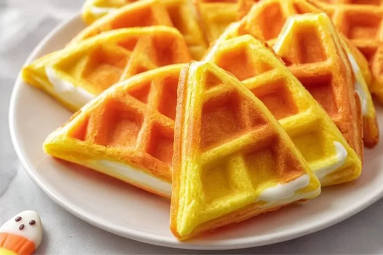 Delicious Candy Corn Waffles topped with syrup and candy sprinkles