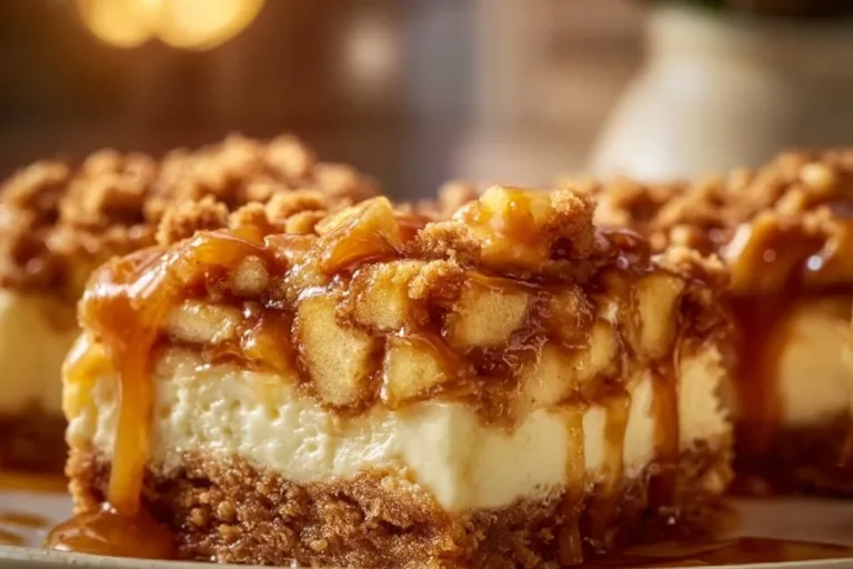 Delicious caramel apple cheesecake bars with a golden crust and apple topping.