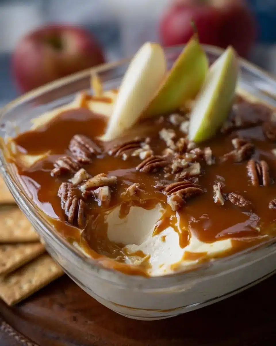 Delicious caramel apple cheesecake dip served with apple slices