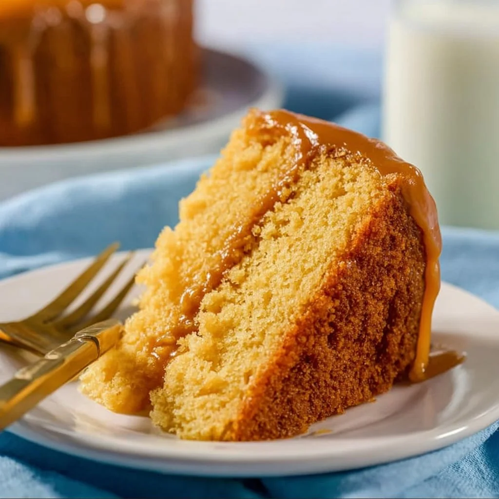 Delicious homemade caramel cake with a rich caramel drizzle on top.