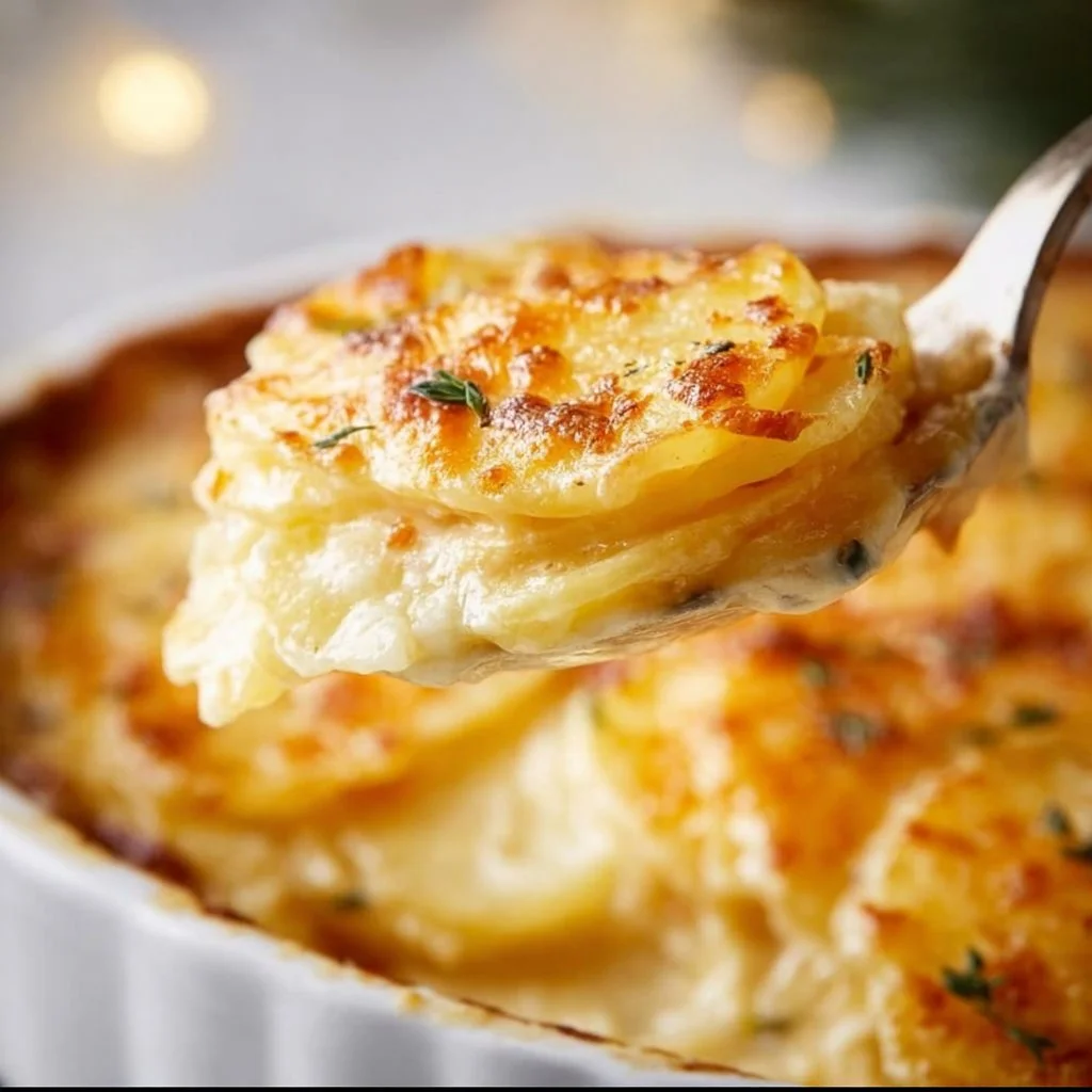 Baked cheesy au gratin potatoes with golden crust in a casserole dish