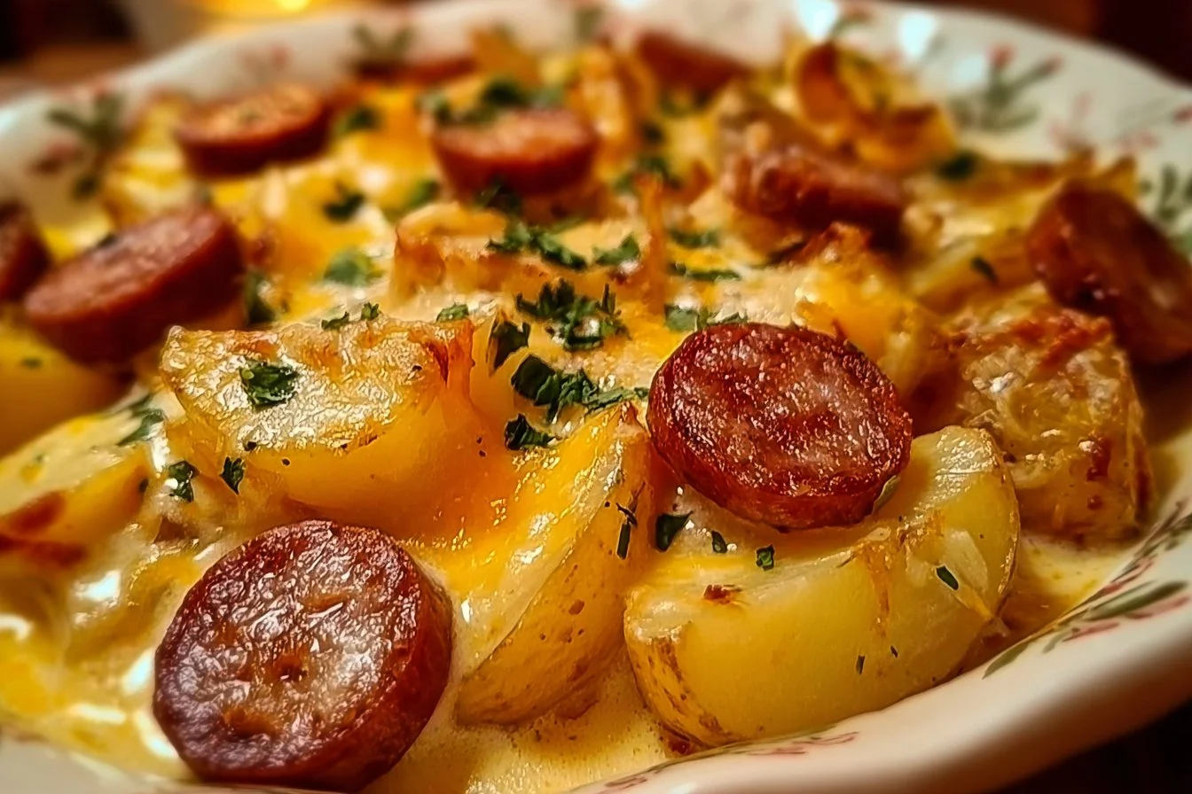 Cheesy ranch potatoes baked with smoked sausage for a delicious meal