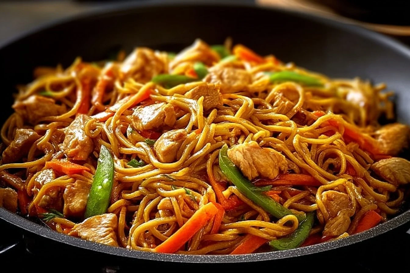 Delicious Chicken Lo Mein served in a bowl with colorful vegetables and noodles
