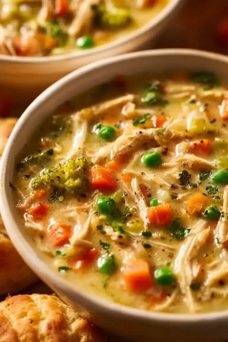 Delicious Chicken Pot Pie Soup served in a bowl with herbs