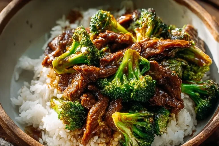 Plate of Chinese Beef and Broccoli dish served with steamed rice