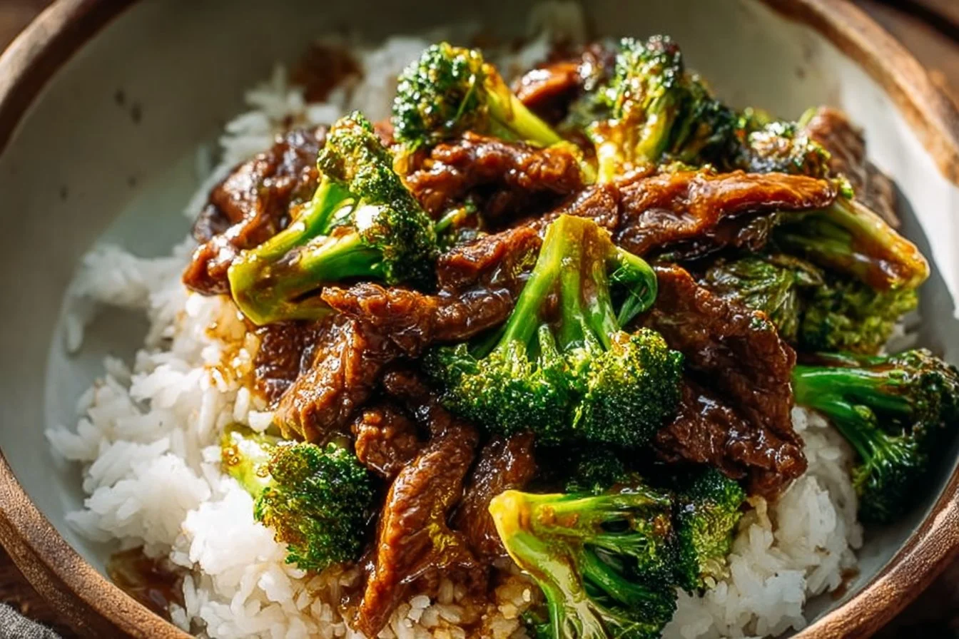 Plate of Chinese Beef and Broccoli dish served with steamed rice