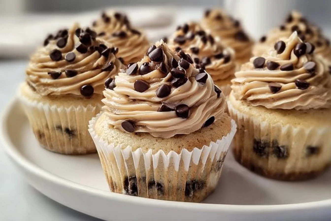 Chocolate chip cookie dough cupcakes with frosting and cookie dough topping
