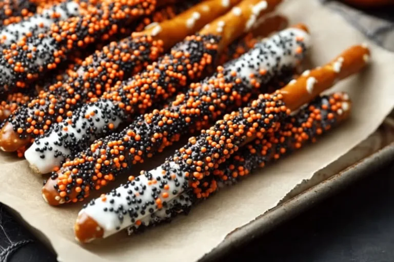 A selection of chocolate-covered pretzel rods drizzled with colorful toppings.