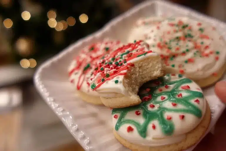 Decorated Christmas sugar cookies inspired by Crumbl bakery recipe