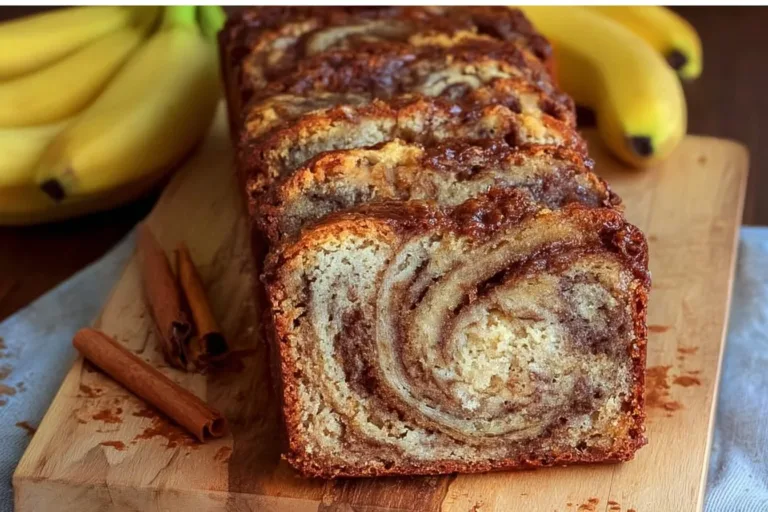 Loaf of cinnamon swirl banana bread with a slice cut out