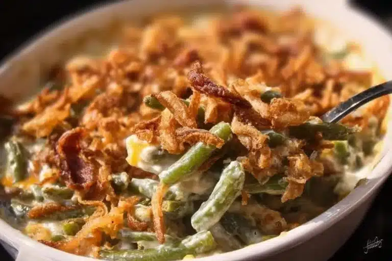 Delicious Classic Campbell's Green Bean Casserole served in a dish