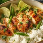 Delicious Coconut Chicken served over a bed of rice, garnished with herbs.