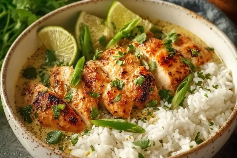 Delicious Coconut Chicken served over a bed of rice, garnished with herbs.