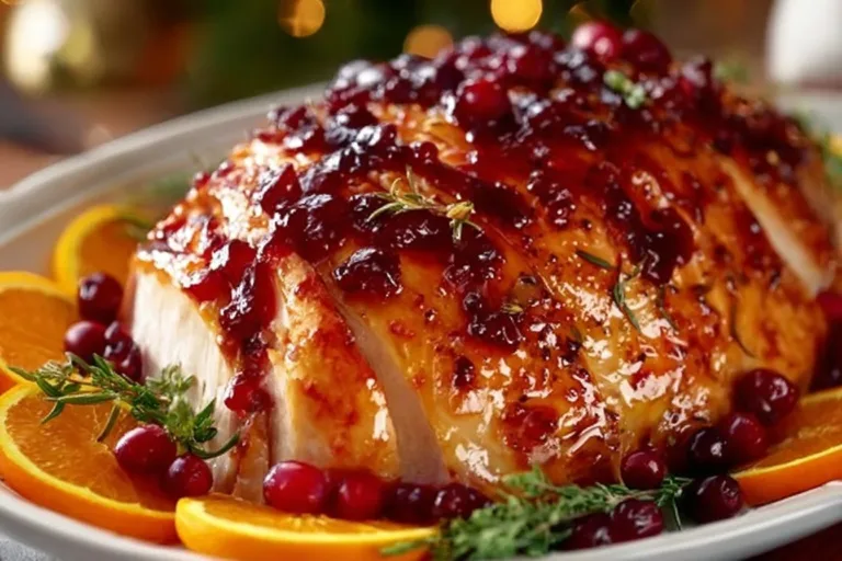 Cranberry orange glazed turkey breast served with herbs and side dishes