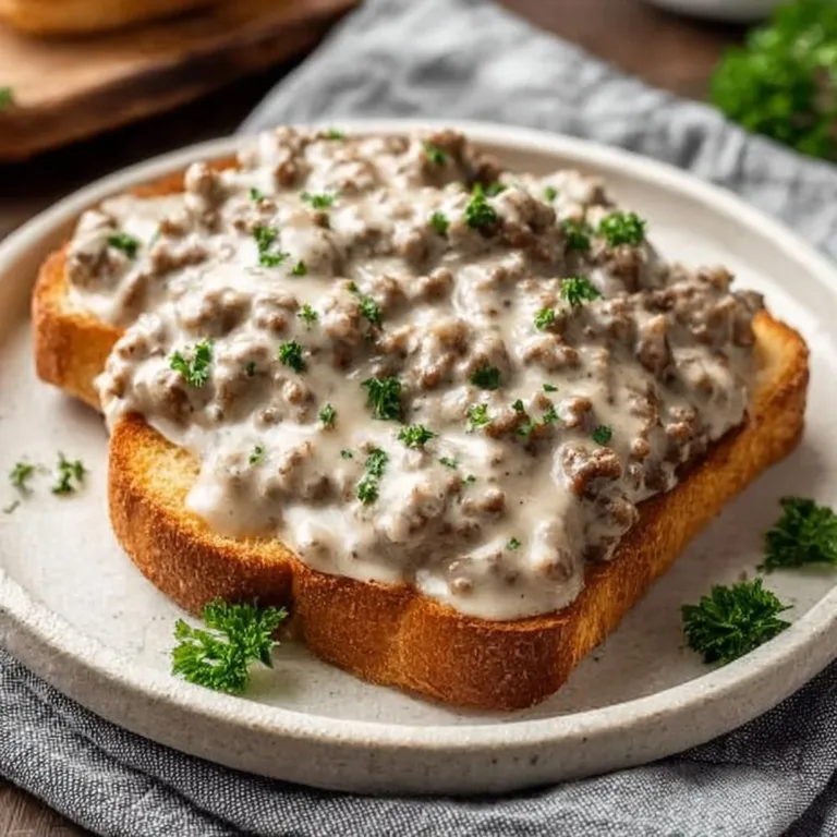 Delicious creamy hamburger gravy served over mashed potatoes