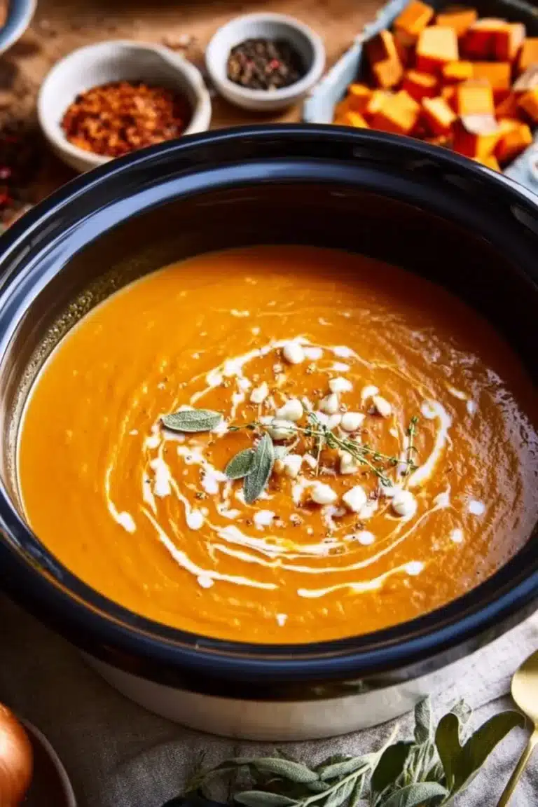 Creamy pumpkin and sweet potato soup served in a bowl
