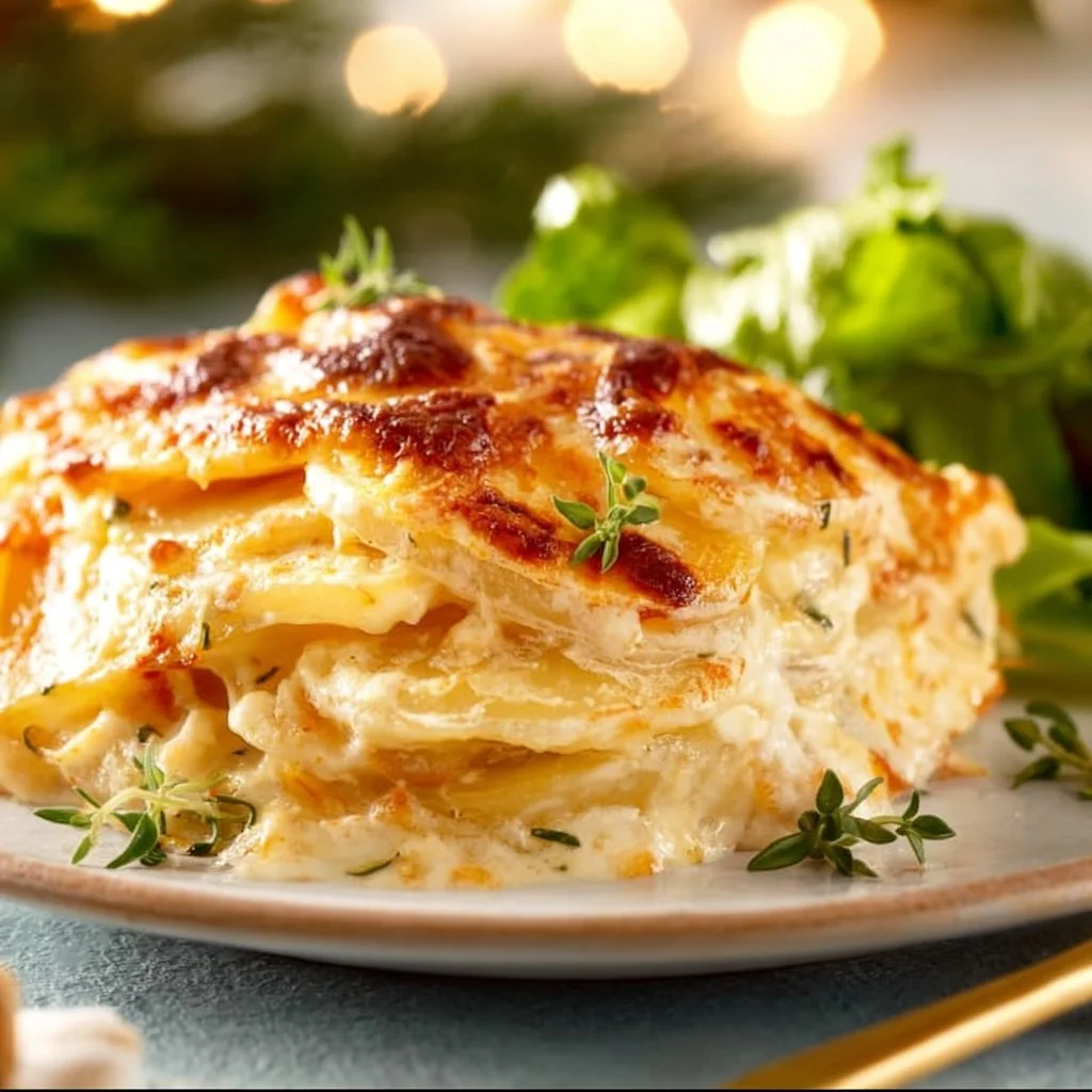 Delicious creamy scalloped potatoes topped with three cheeses
