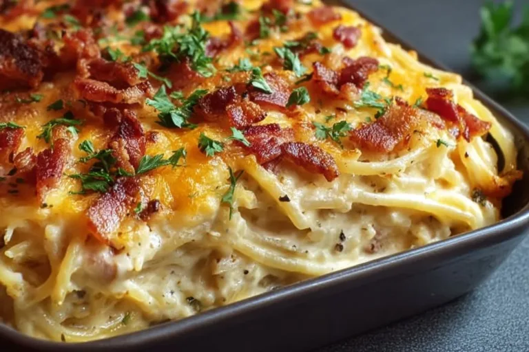 Creamy Southern spaghetti bake topped with cheese and herbs in a casserole dish.