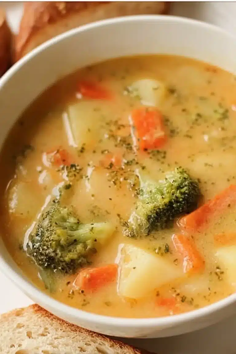 Delicious creamy vegetable soup served in a bowl with fresh herbs.