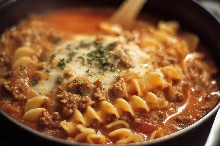 Delicious bowl of Crock Pot Lasagna Soup topped with cheese and herbs