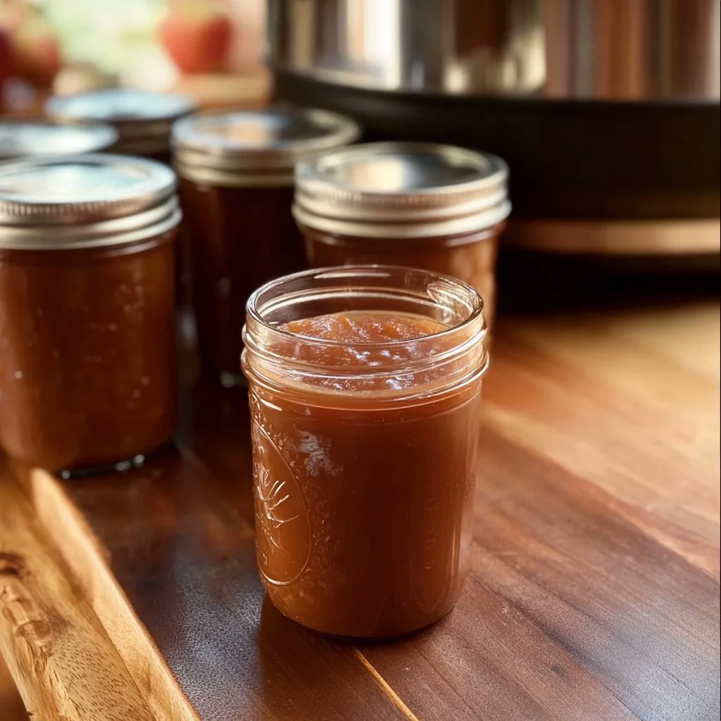 Delicious crockpot apple butter in a jar with apples and spices