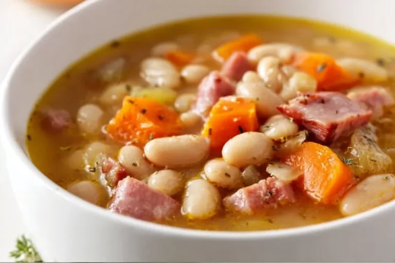 Bowl of delicious crockpot ham and bean soup garnished with parsley.
