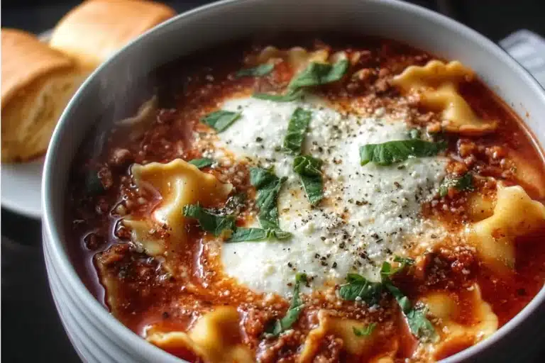 A bowl of hearty Crockpot Lasagna Soup topped with cheese and herbs