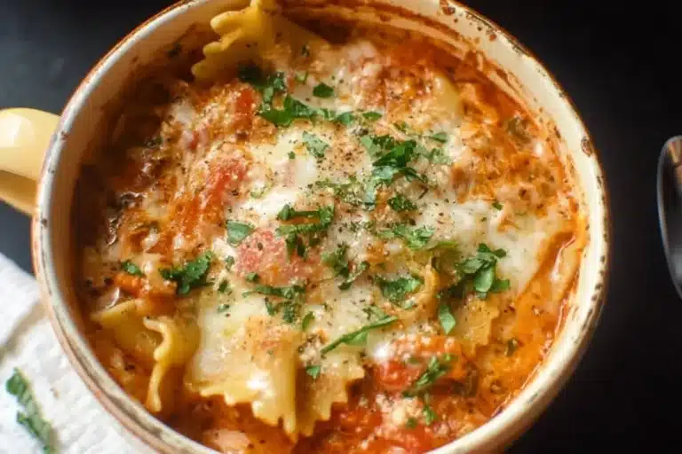 Bowl of easy creamy lasagna soup garnished with cheese and herbs