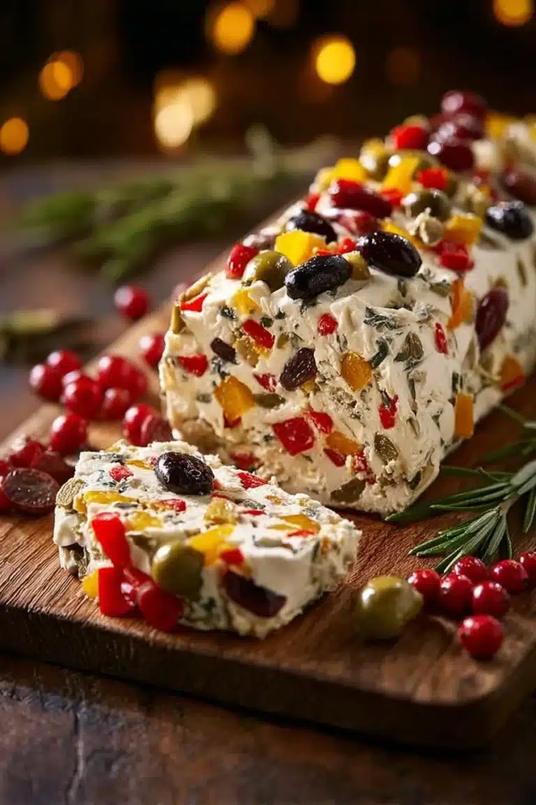 Festive holiday antipasto cream cheese log with herbs and toppings