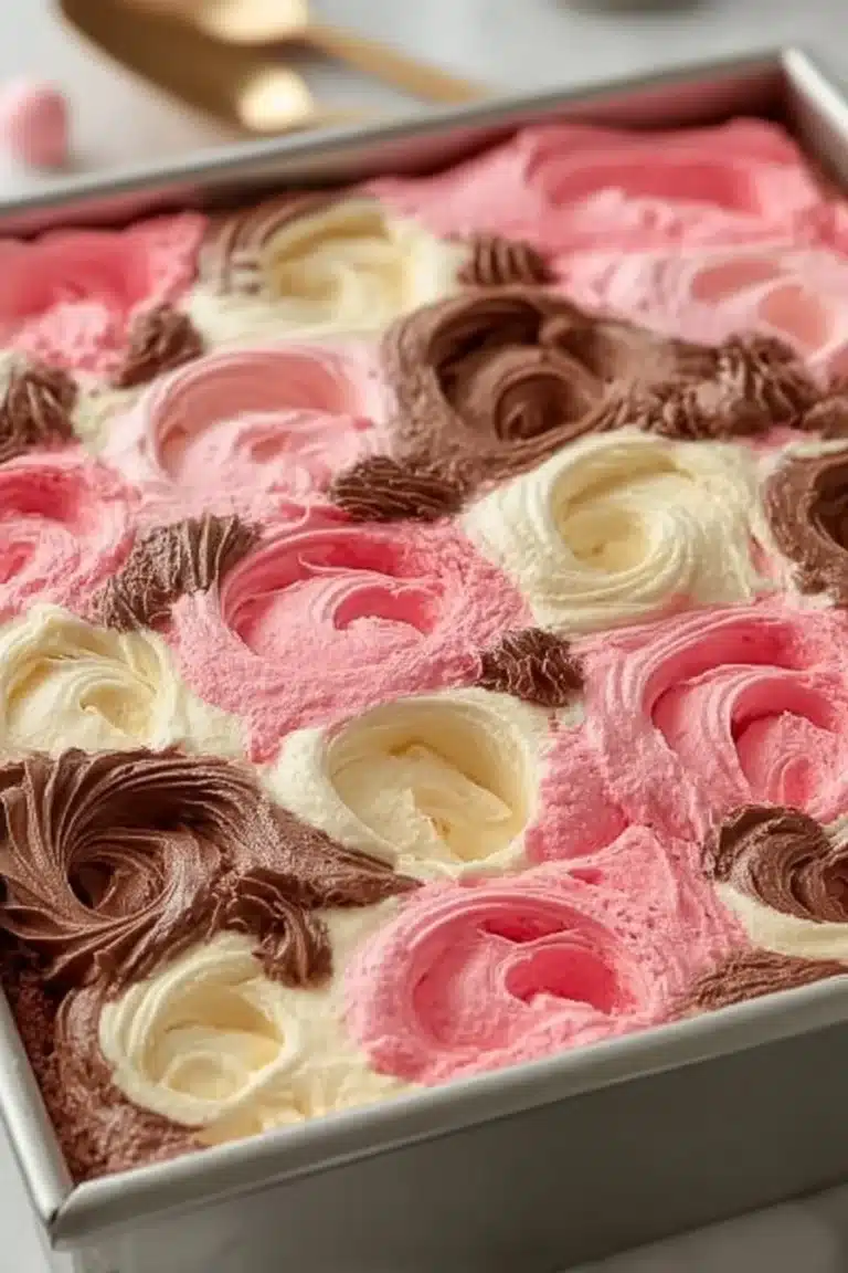 Fluffy Neapolitan Sheet Cake with chocolate, vanilla, and strawberry layers