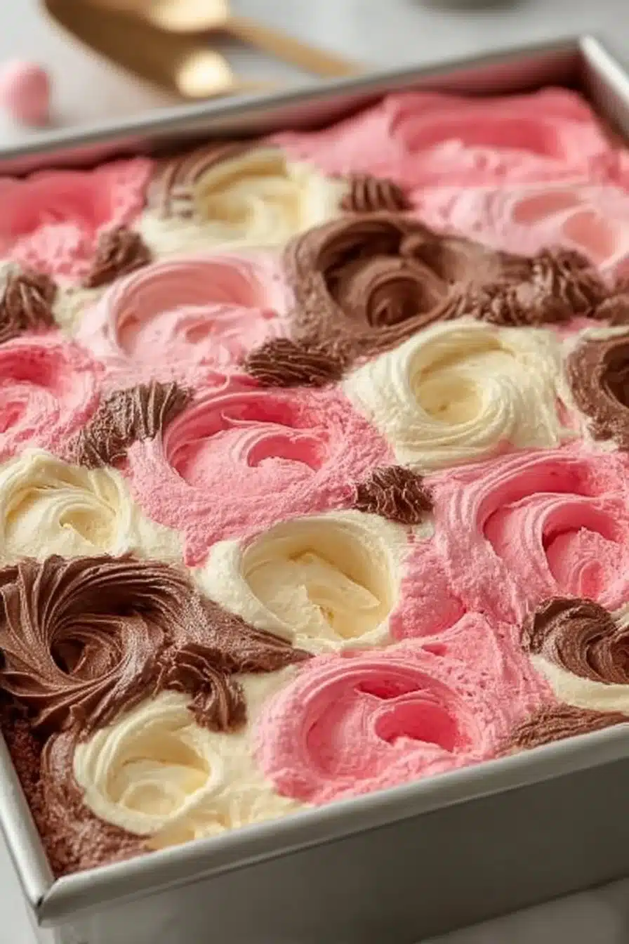 Fluffy Neapolitan Sheet Cake with chocolate, vanilla, and strawberry layers