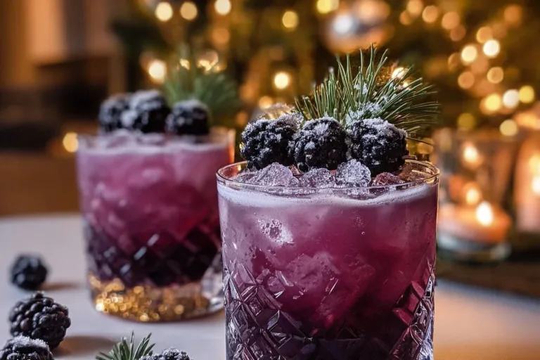 Frosted Blackberry Mule mocktail in a festive setting with blackberries and mint