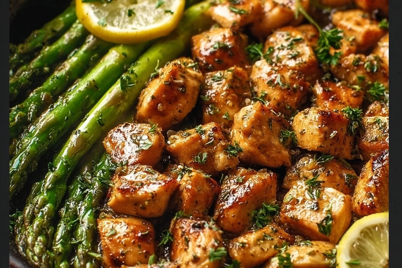 Garlic Butter Chicken Bites served with Lemon Asparagus on a plate