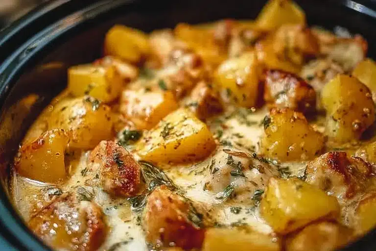 Garlic Parmesan Chicken with potatoes cooked in a crockpot