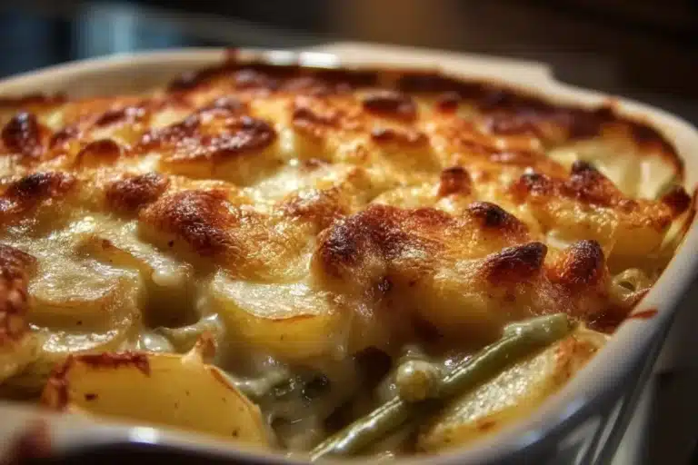 Delicious green bean casserole with potatoes served in a baking dish.