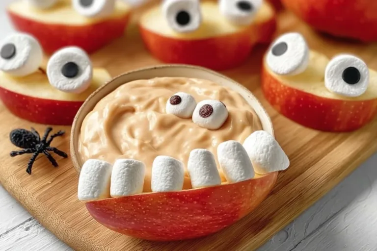 Halloween apple monster mouths with candy teeth and spooky decorations.