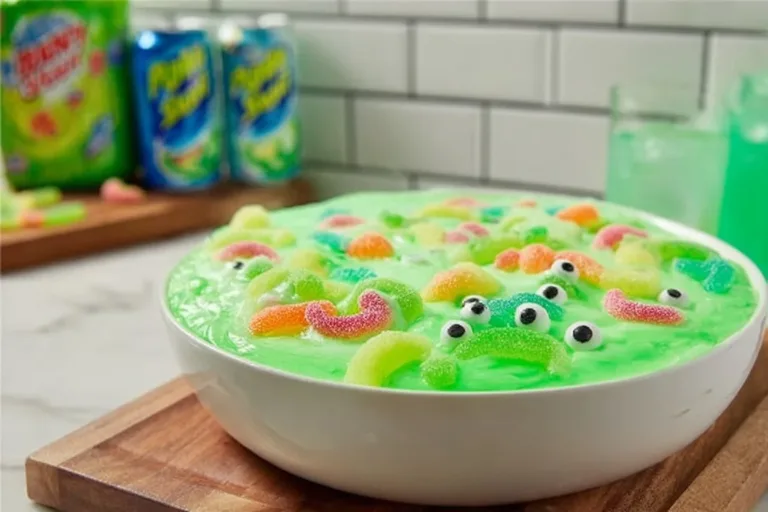 A spooky Halloween Sherbet Punch served in a cauldron with festive decorations.