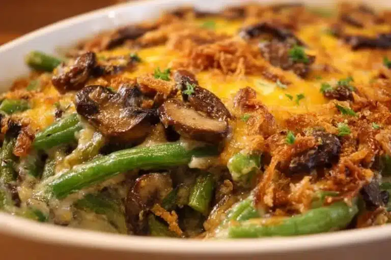 Delicious Hamburger Green Bean Casserole with Mushrooms served in a dish