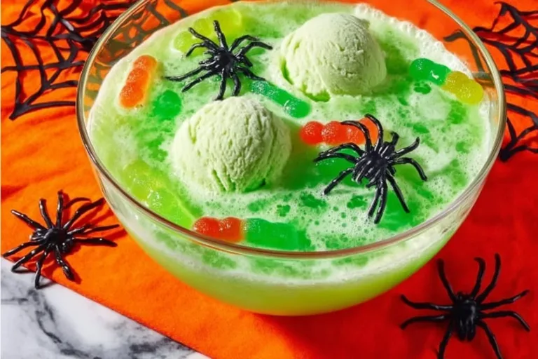 Haunted Halloween Punch in a spooky beverage bowl with Halloween decorations.